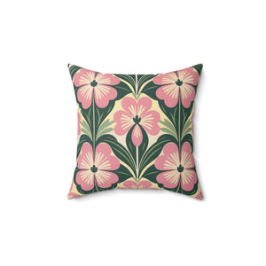 Pink Green Flower Faux Suede Square Pillow