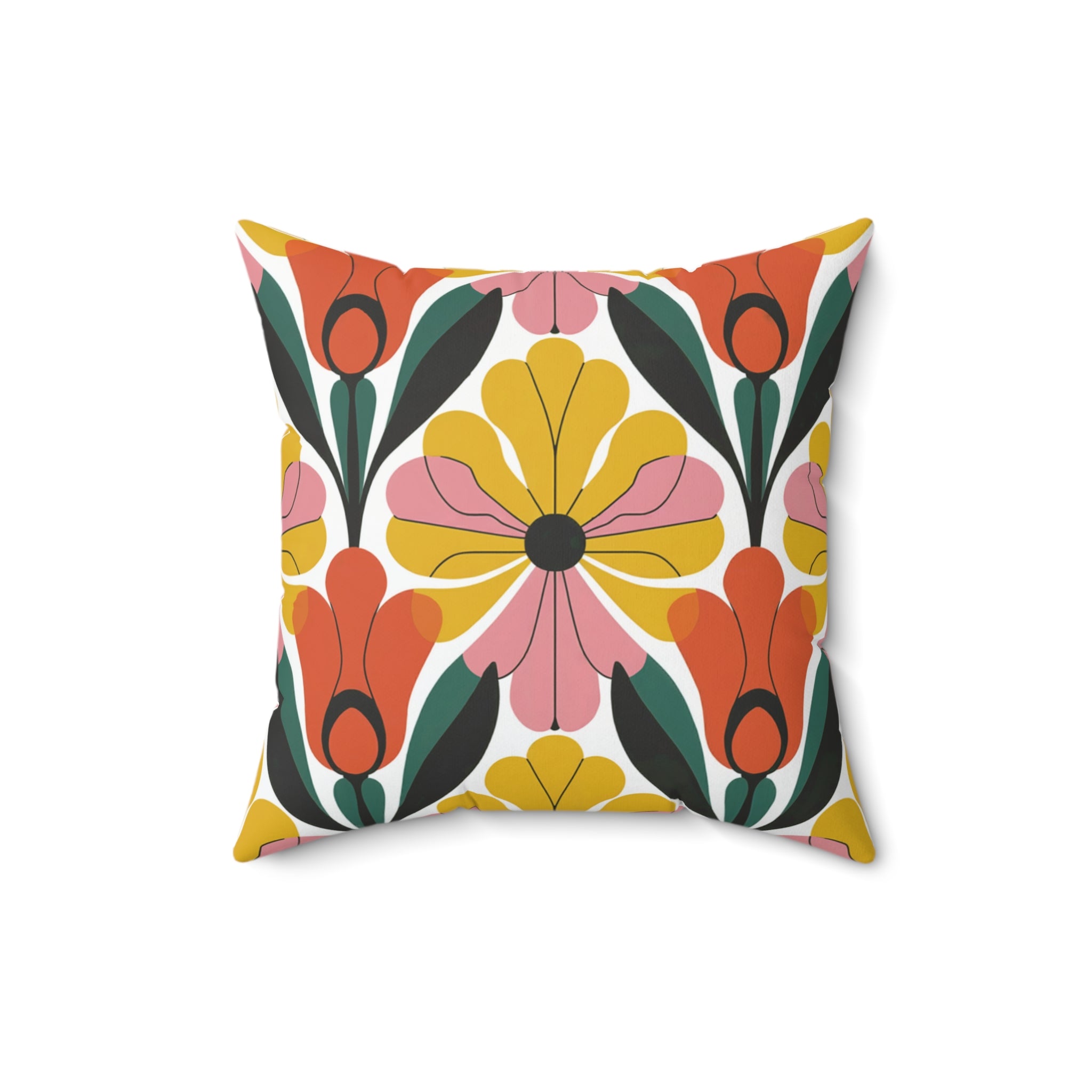 Retro Yellow Orange Floral Faux Suede Square Pillow