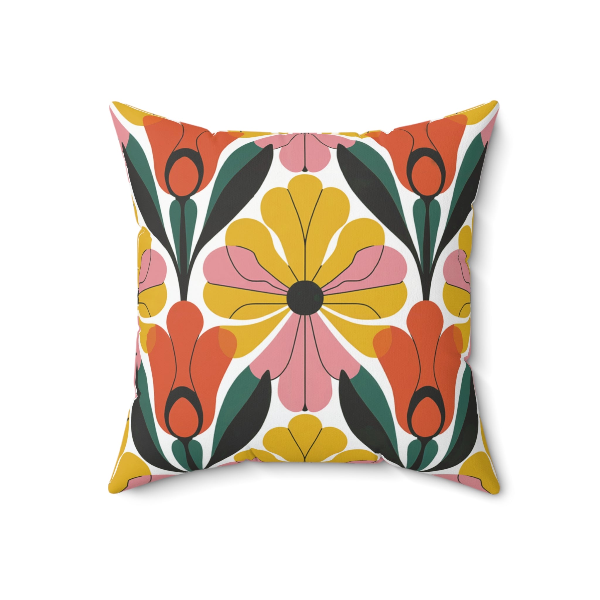 Retro Yellow Orange Floral Faux Suede Square Pillow