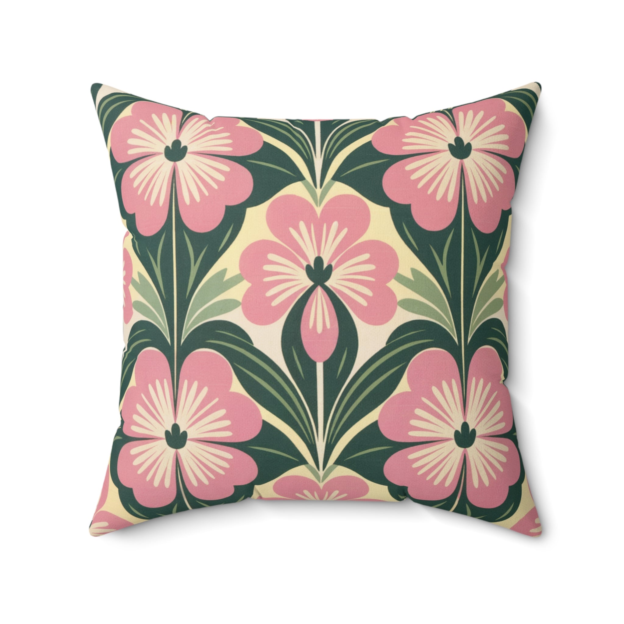 Pink Green Flower Faux Suede Square Pillow