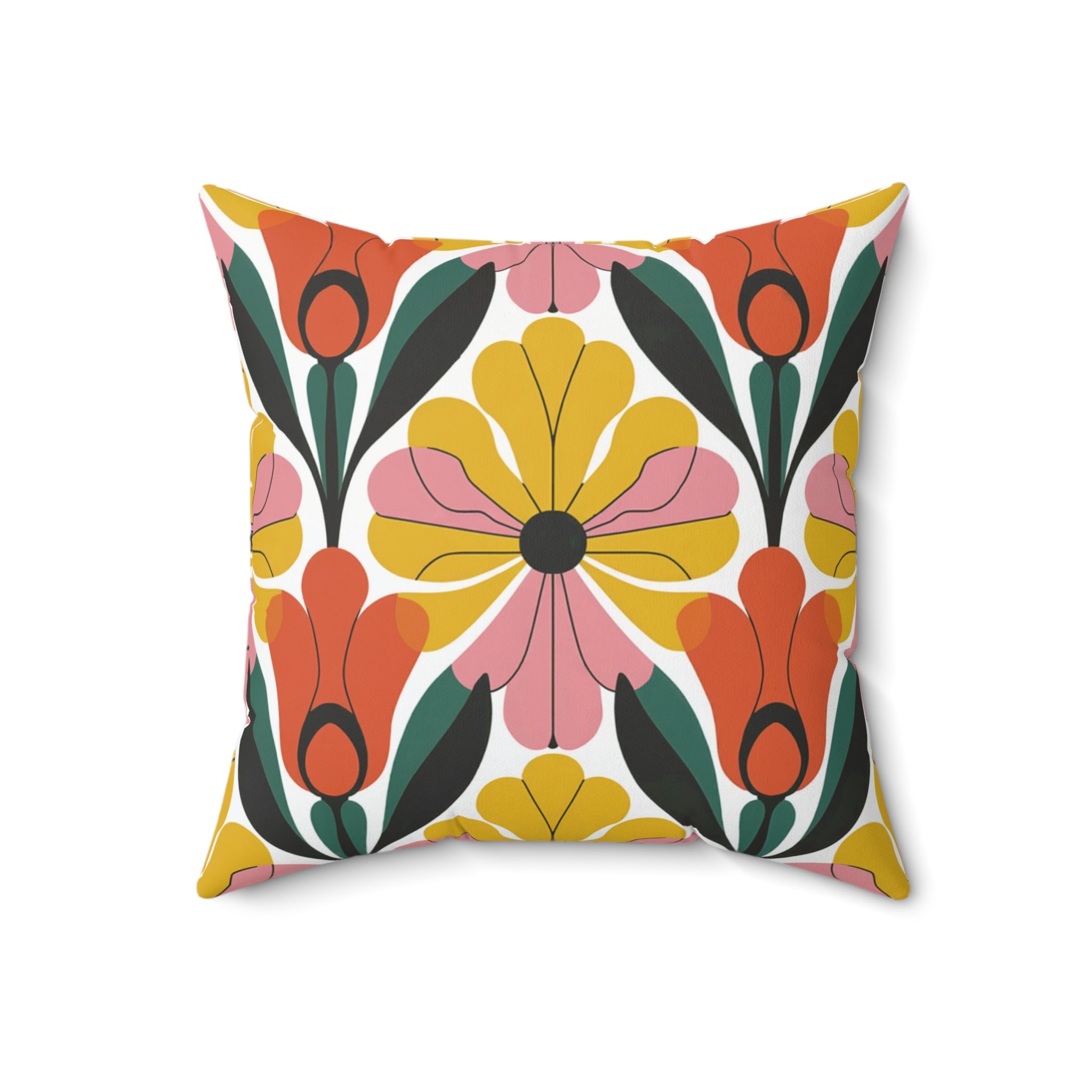 Retro Yellow Orange Floral Faux Suede Square Pillow