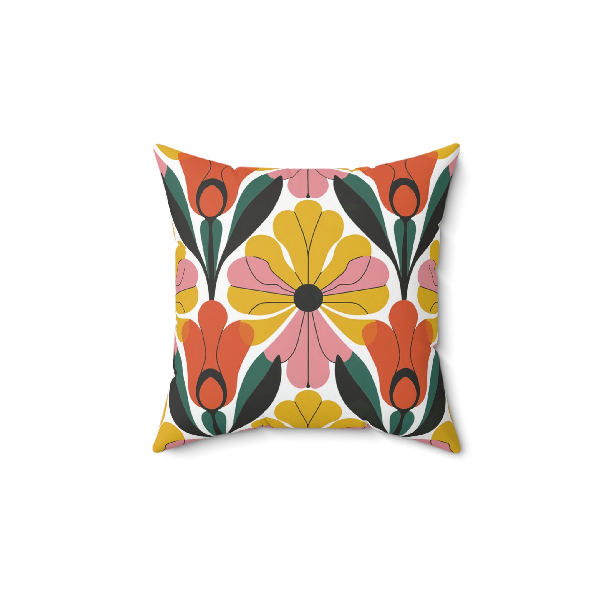 Retro Yellow Orange Floral Faux Suede Square Pillow