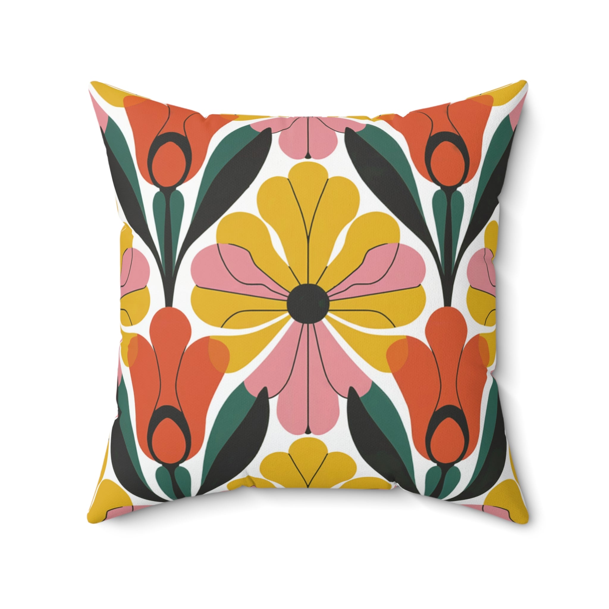 Retro Yellow Orange Floral Faux Suede Square Pillow