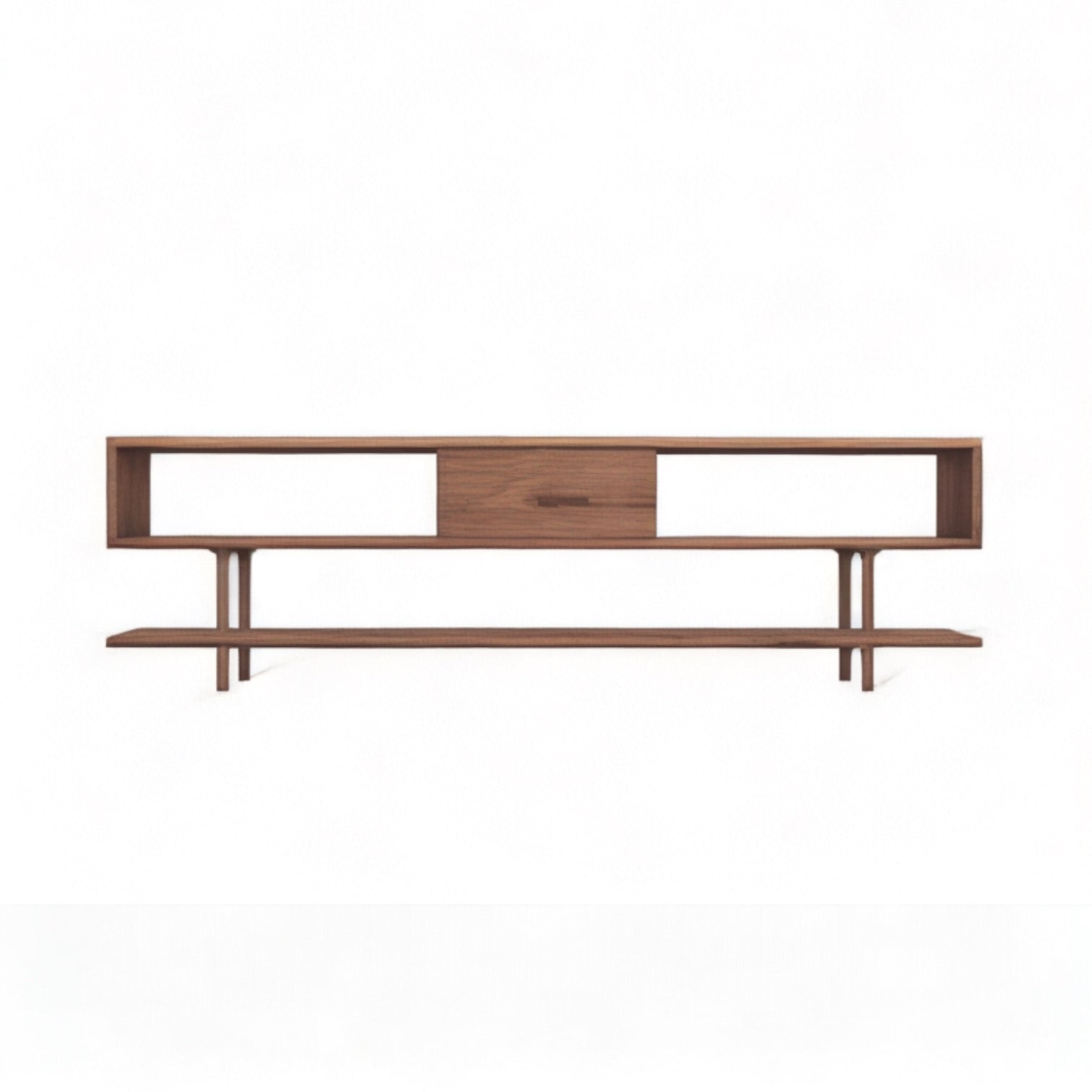 Functional shelving unit featuring American Walnut, brass legs and a storage in the middle.