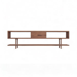 Functional shelving unit featuring American Walnut, brass legs and a storage in the middle.