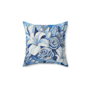 Blue Flowers Square Pillow, Floral Throw Pillow, Living Room Decorative Pillow - BAEI Design Atelier