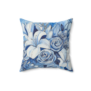 Blue Flowers Square Pillow, Floral Throw Pillow, Living Room Decorative Pillow - BAEI Design Atelier