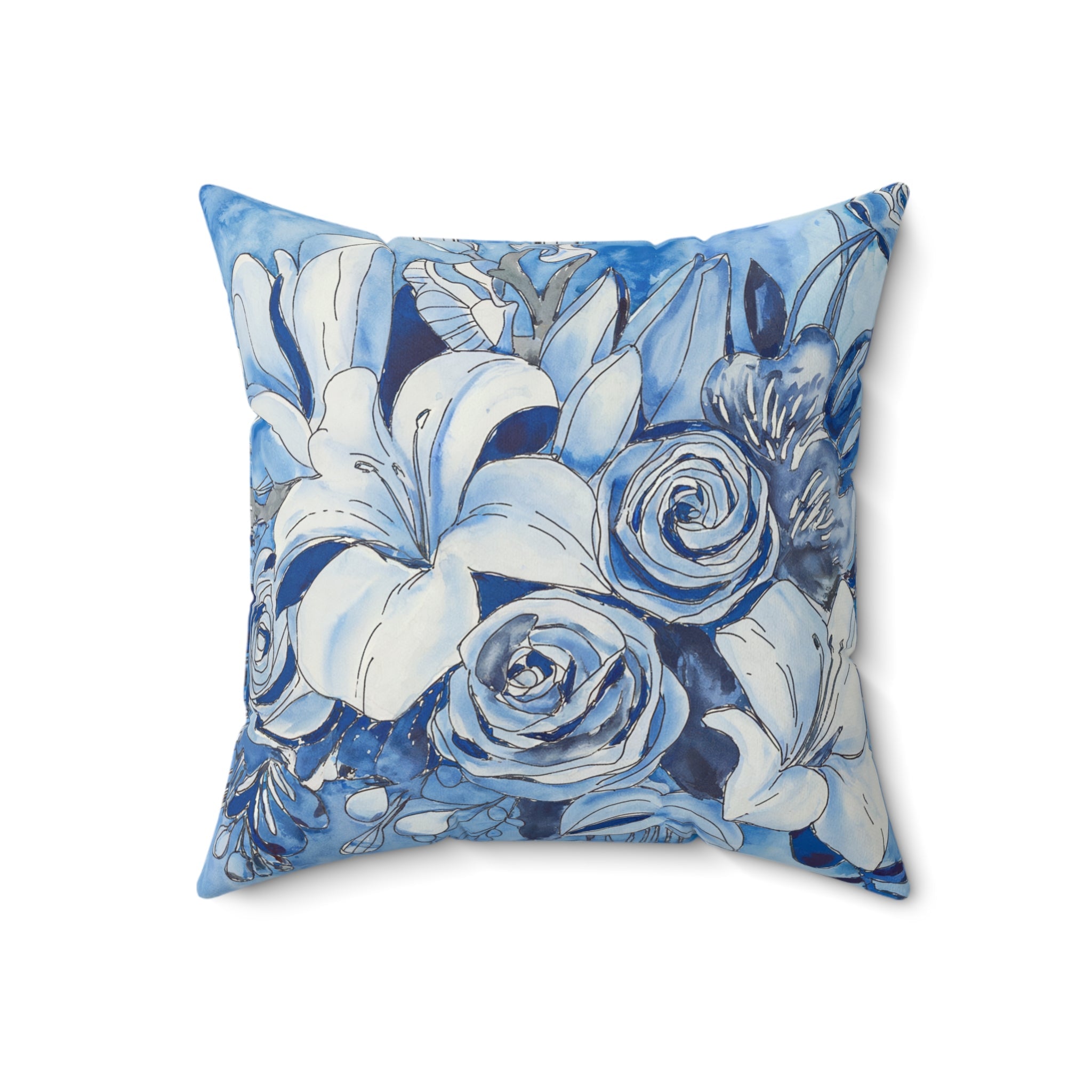 Blue Flowers Square Pillow, Floral Throw Pillow, Living Room Decorative Pillow - BAEI Design Atelier