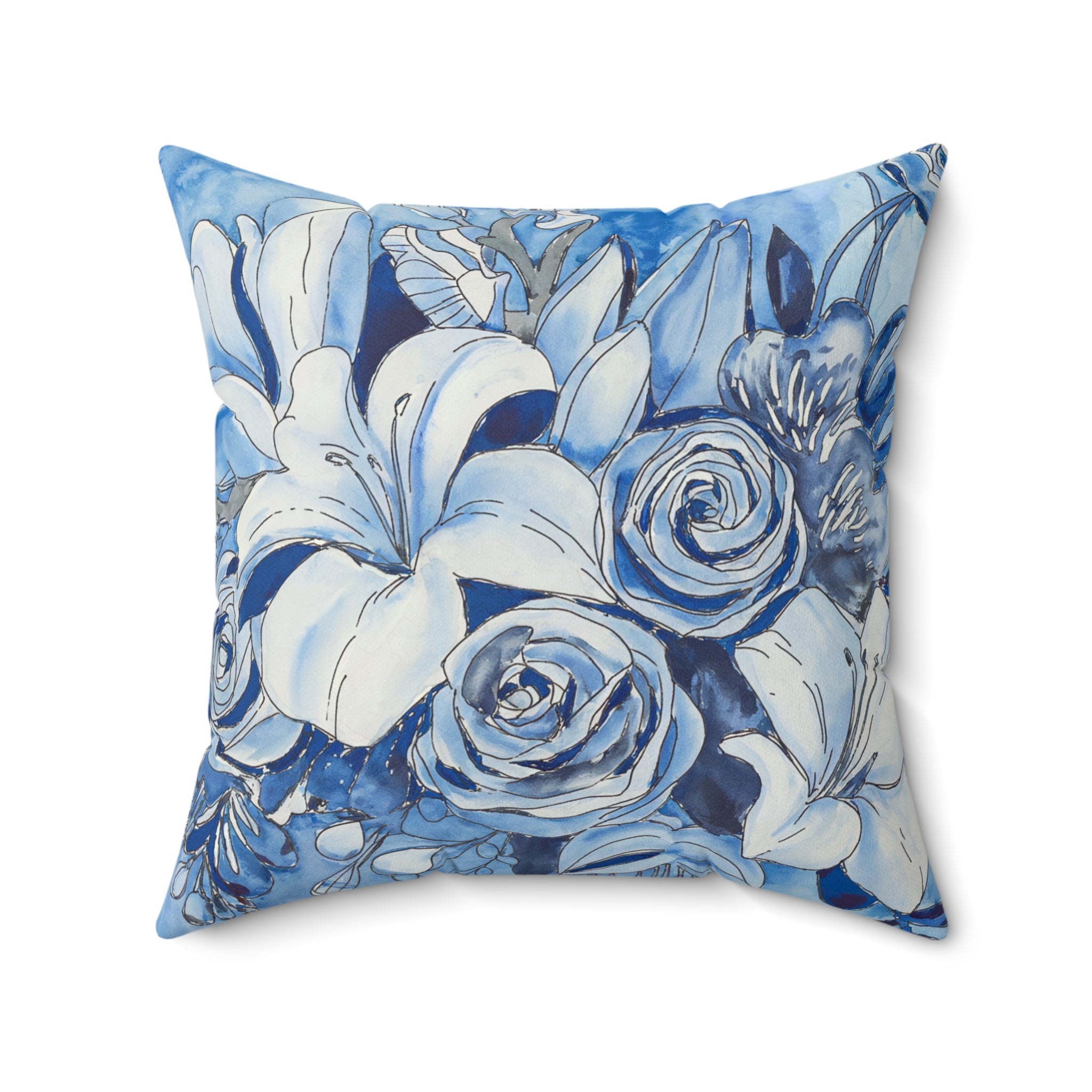 Blue Flowers Square Pillow, Floral Throw Pillow, Living Room Decorative Pillow - BAEI Design Atelier