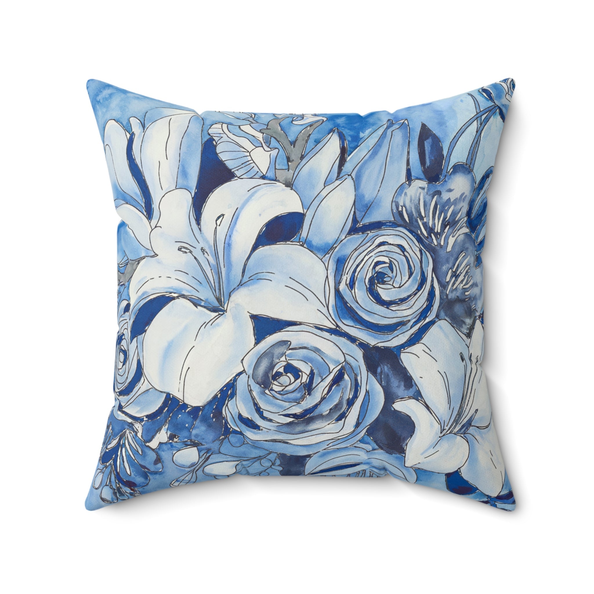 Blue Flowers Square Pillow, Floral Throw Pillow, Living Room Decorative Pillow - BAEI Design Atelier