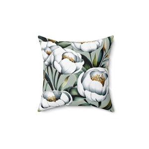 Floral Peony Square Pillow, White Sage Green Botanical Plants Throw Pillow, Modern Couch Cushion, Decorative Floor Pillow - BAEI Design Atelier