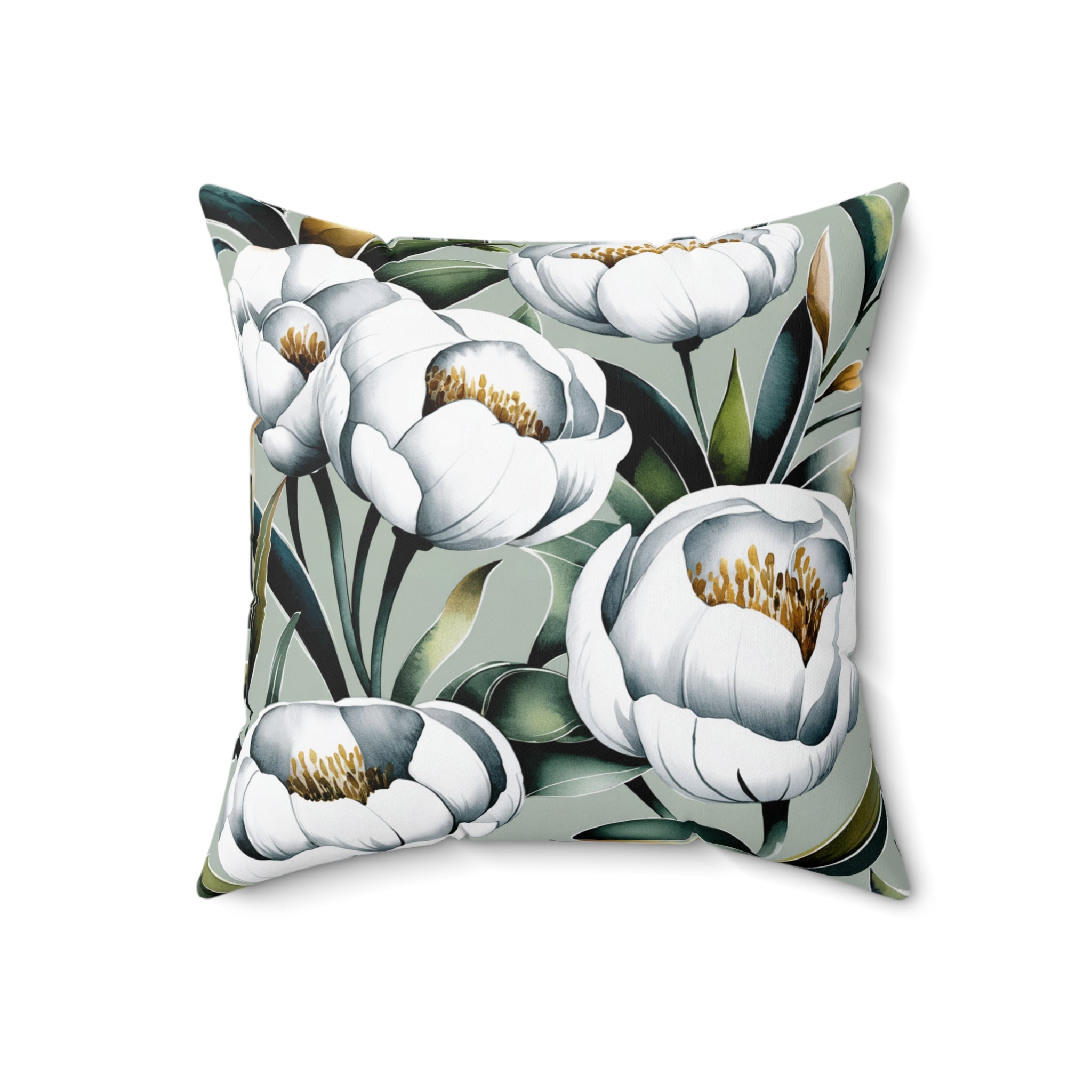 Floral Peony Square Pillow, White Sage Green Botanical Plants Throw Pillow, Modern Couch Cushion, Decorative Floor Pillow - BAEI Design Atelier