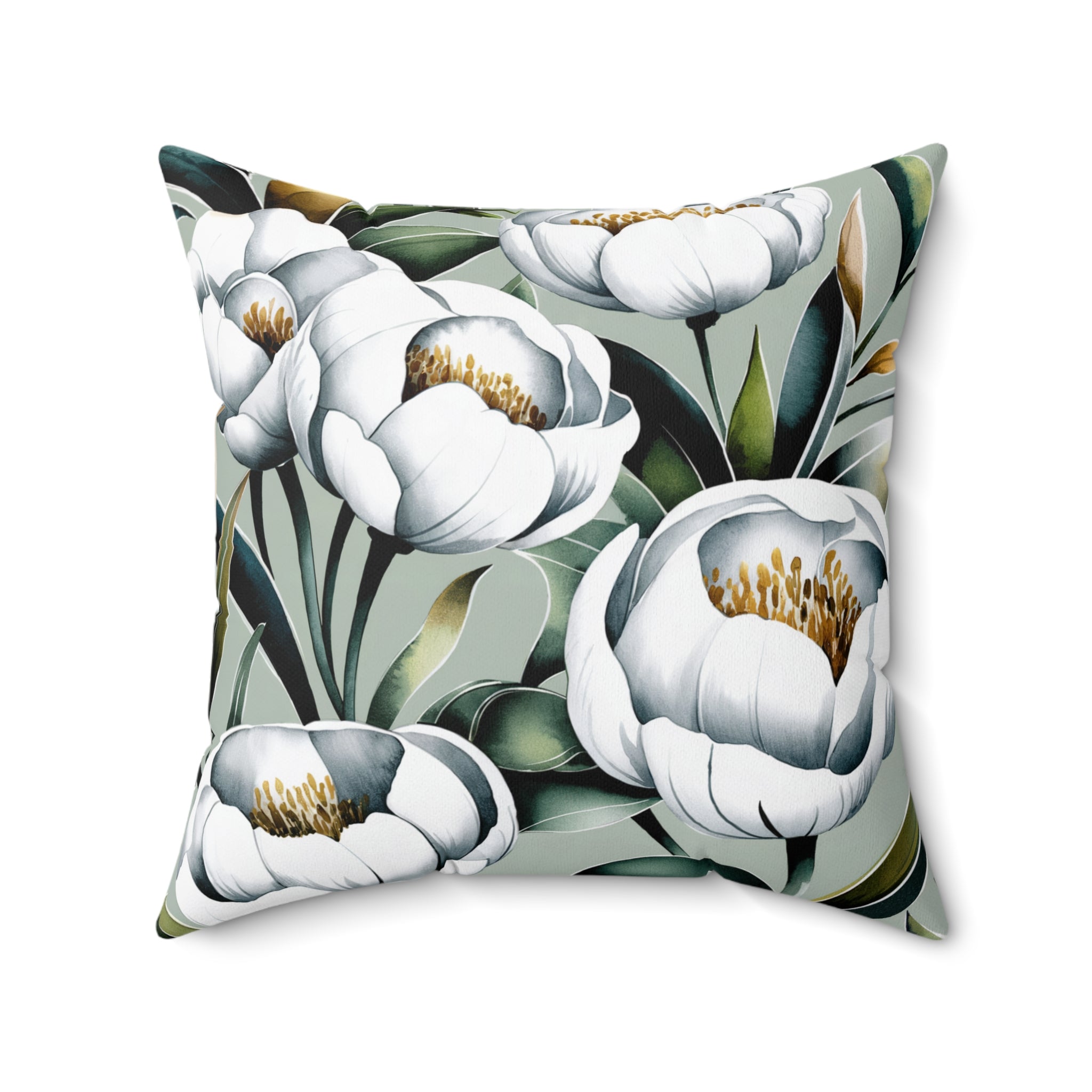 Floral Peony Square Pillow, White Sage Green Botanical Plants Throw Pillow, Modern Couch Cushion, Decorative Floor Pillow - BAEI Design Atelier