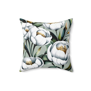 Floral Peony Square Pillow, White Sage Green Botanical Plants Throw Pillow, Modern Couch Cushion, Decorative Floor Pillow - BAEI Design Atelier